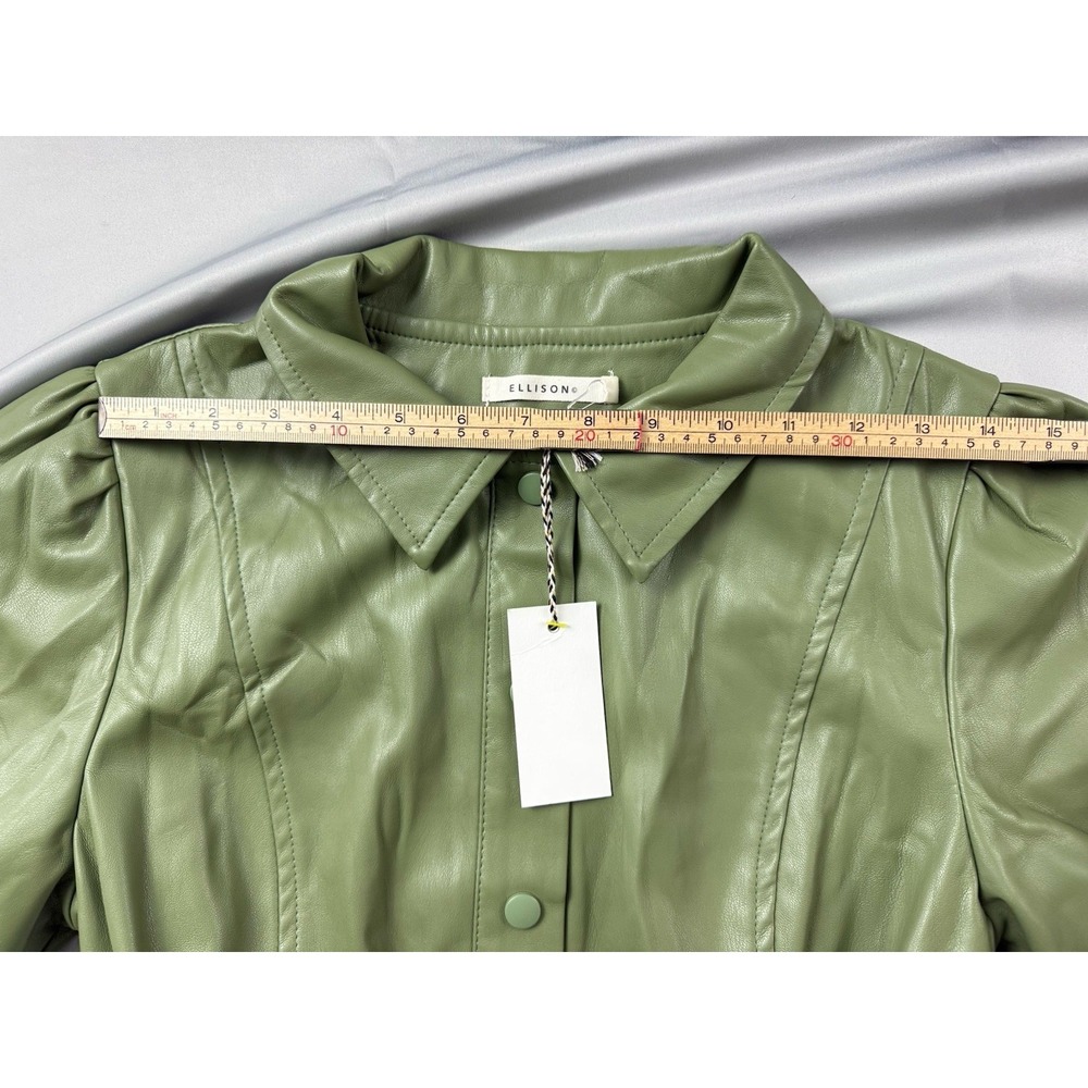 Ellison‎ Faux Leather Dress Sage Green Belted Puff Sleeve Quiet Luxury - Picture 10 of 16